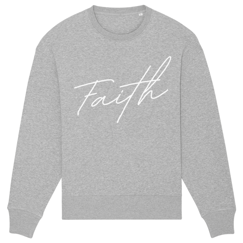 Christian Hoodies Sweatshirts and T-shirts - Faith on Cotton - Faith (white) relaxed fit crew neck sweatshirt | Unisex | 85% Cotton - Grey