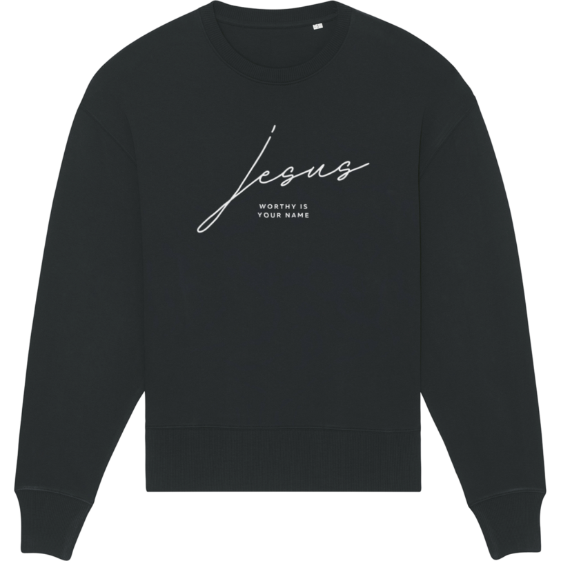 Christian Hoodies Sweatshirts and T-shirts - Faith on Cotton - Jesus Worthy is Your Name (white) relaxed fit crew neck sweatshirt - Unisex - 85 percent Cotton - Black