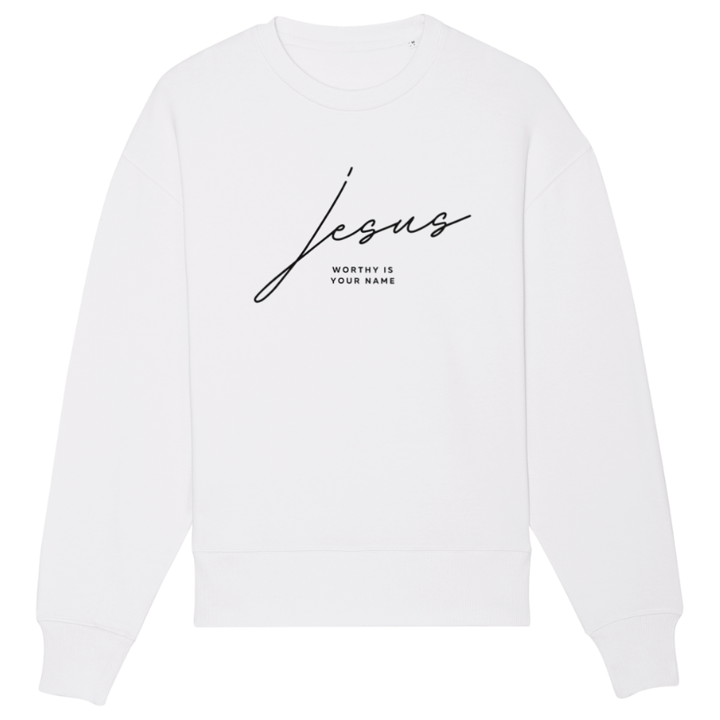 Christian Hoodies Sweatshirts and T-shirts - Faith on Cotton - Jesus worthy is Your Name (black) relaxed fit crew neck sweatshirt | Unisex | 85% Cotton - White
