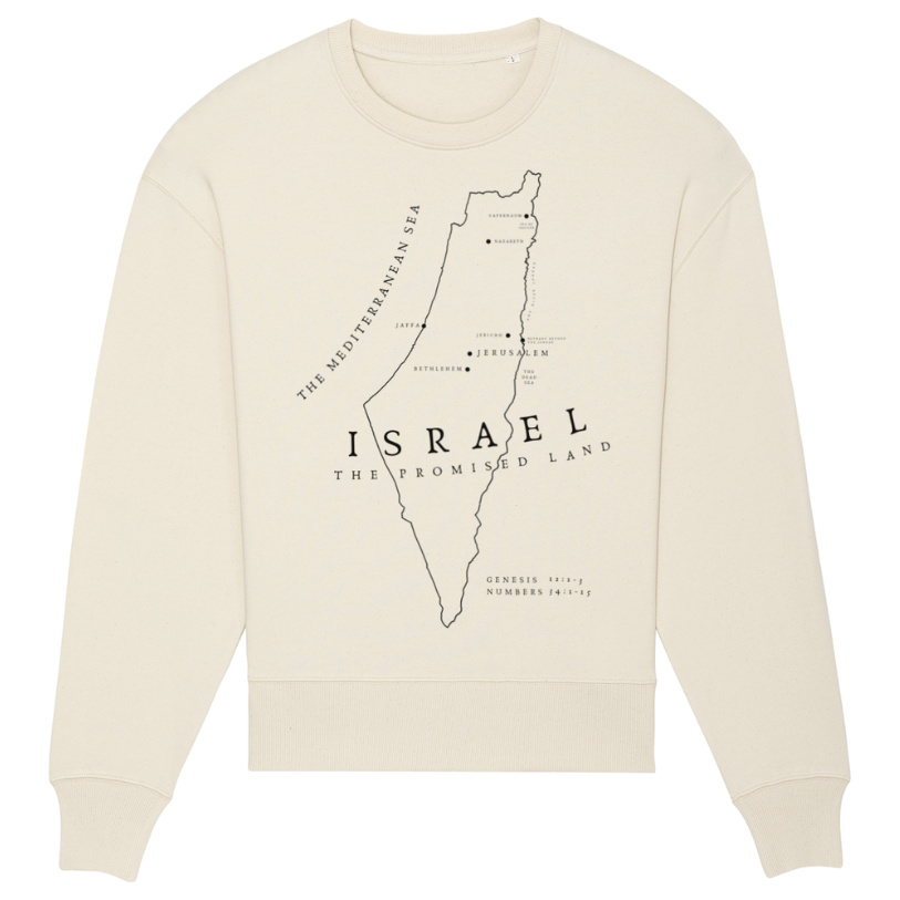 Christian Hoodies Sweatshirts and T-shirts - Faith on Cotton - The Promised Land (black) relaxed fit crew neck sweatshirt | Unisex | 85% Cotton - Beige