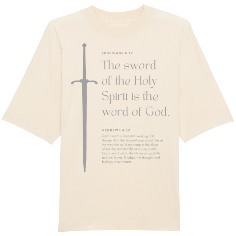 Faith on Cotton - The sword of the Holy Spirit (grey) oversized fit t-shirt | Unisex | Organic | 100% Cotton - Beige - Christian apparel