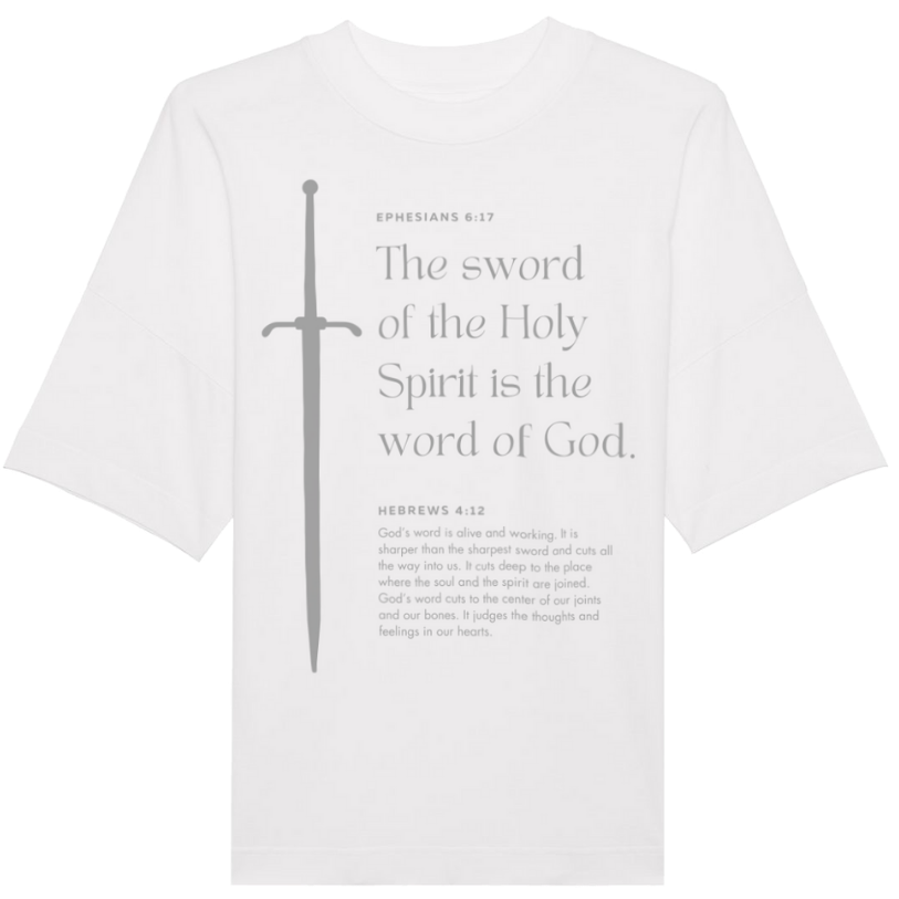 Faith on Cotton - The sword of the Holy Spirit (grey) oversized fit t-shirt | Unisex | Organic | 100% Cotton - White - Christian apparel