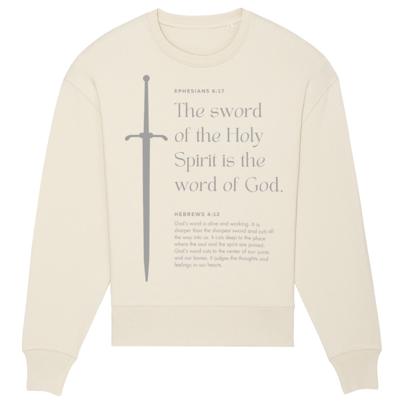 Christian Hoodies Sweatshirts and T-shirts - Faith on Cotton - The sword of the Holy Spirit (grey) relaxed fit crew neck sweatshirt | Unisex | 85% Cotton - Beige