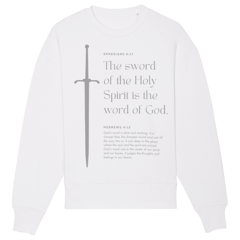 Christian Hoodies Sweatshirts and T-shirts - Faith on Cotton - The sword of the Holy Spirit (grey) relaxed fit crew neck sweatshirt | Unisex | 85% Cotton - White