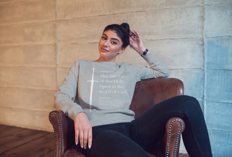 Faith on Cotton - The sword of the Holy Spirit is the word of God (white) relaxed fit sweatshirt - Unisex - Organic - 100% Cotton - Grey 2 - Christian apparel - Christian Hoodies, Sweatshirts, Crew necks and T-shirts