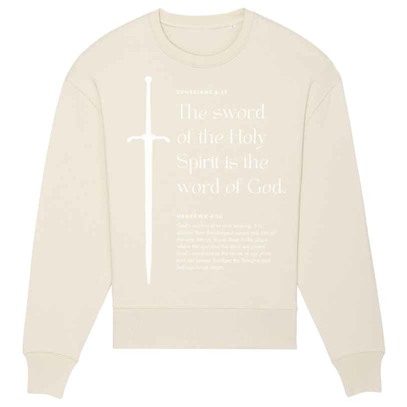 Christian Hoodies Sweatshirts and T-shirts - Faith on Cotton - The sword of the Holy Spirit (white) relaxed fit crew neck sweatshirt - Unisex - 85 percent Cotton - Beige