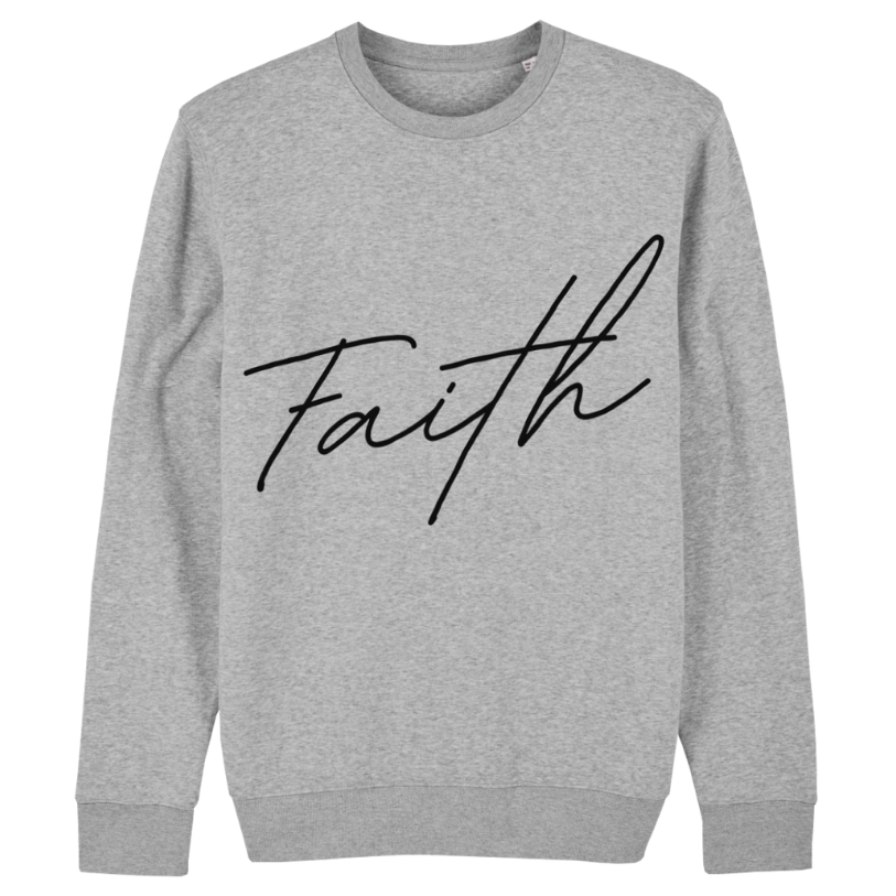 Christian Hoodies Sweatshirts and T-shirts - Faith on Cotton - Faith (black) medium fit crew neck sweatshirt _ Kids _ Unisex _ 85% Cotton - Grey