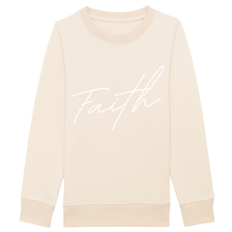 Christian Hoodies Sweatshirts and T-shirts - Faith on Cotton - Faith (white) medium fit crew neck sweatshirt _ Kids _ Unisex _ 85% Cotton - Beige