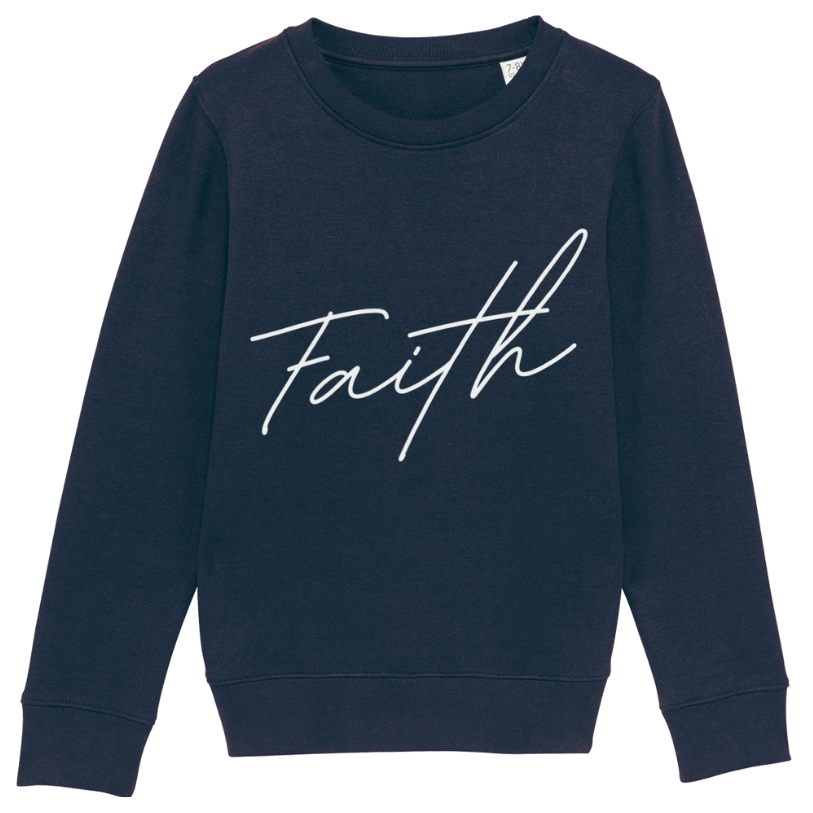 Christian Hoodies Sweatshirts and T-shirts - Faith on Cotton - Faith (white) medium fit crew neck sweatshirt _ Kids _ Unisex _ 85% Cotton - Navy blue