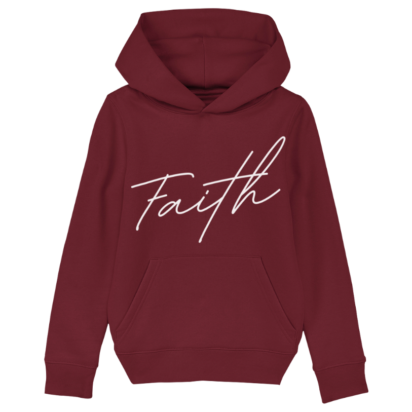 Christian Hoodies Sweatshirts and T-shirts - Faith on Cotton - Faith (white) medium fit hoodie _ Kids _ Unisex _ 85% Cotton - Burgundy