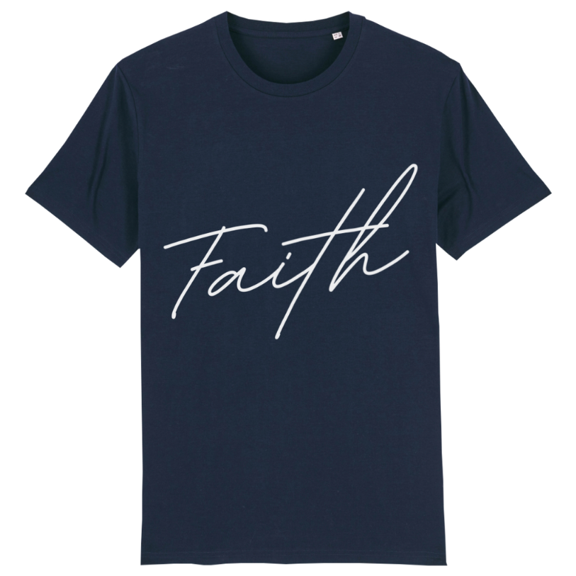 Faith on Cotton - Faith (white) medium fit t-shirt _ Kids _ Unisex _ Organic _ 100% Cotton - Navy blue - Christian apparel