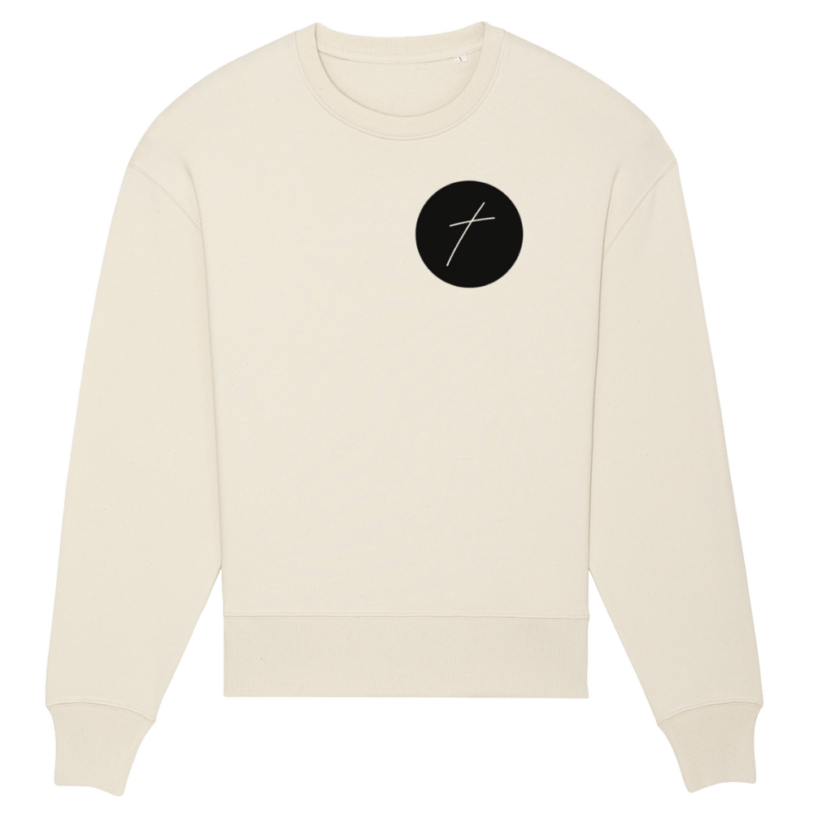 Christian Hoodies Sweatshirts and T-shirts - Faith on Cotton - The Cross of Jesus Christ Small Cross relaxed fit crew neck sweatshirt Unisex 85% Cotton Beige