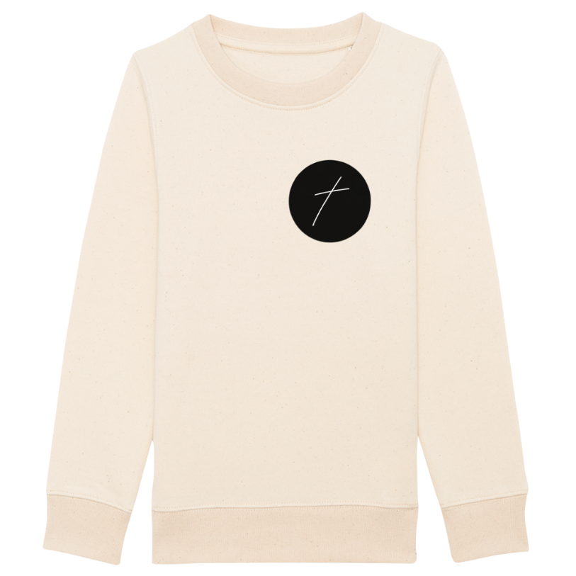 Christian Hoodies Sweatshirts and T-shirts - Faith on Cotton - The Cross of Jesus Christ (small cross) medium fit crew neck sweatshirt _ Kids _ Unisex _ 85% Cotton - Beige
