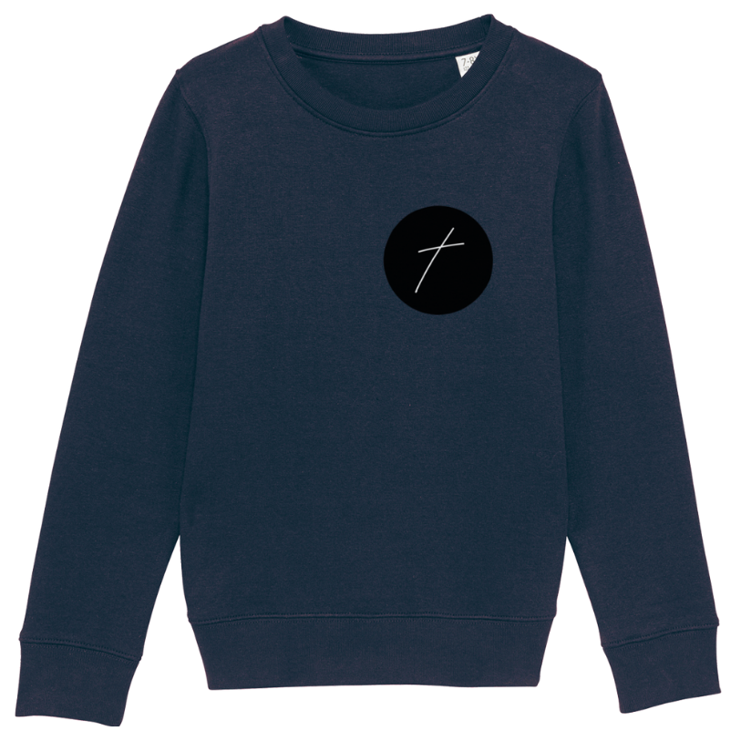 Christian Hoodies Sweatshirts and T-shirts - Faith on Cotton - The Cross of Jesus Christ (small cross) medium fit crew neck sweatshirt _ Kids _ Unisex _ 85% Cotton - Navy blue