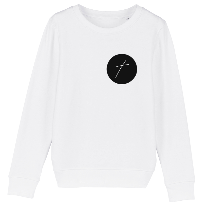 Christian Hoodies Sweatshirts and T-shirts - Faith on Cotton - The Cross of Jesus Christ (small cross) medium fit crew neck sweatshirt _ Kids _ Unisex _ 85% Cotton - White