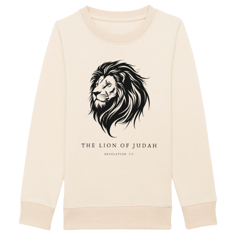Christian Hoodies Sweatshirts and T-shirts - Faith on Cotton - The Lion of Judah medium fit crew neck sweatshirt _ Kids _ Unisex _ 85% Cotton - Beige