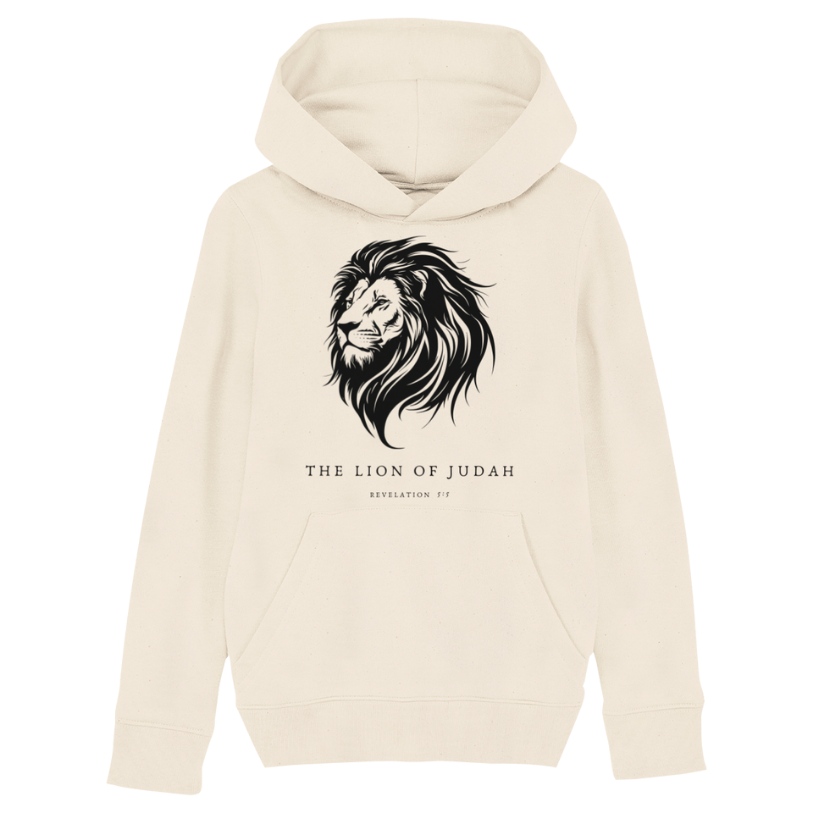Christian Hoodies Sweatshirts and T-shirts - Faith on Cotton - The Lion of Judah (white) medium fit hoodie _ Kids _ Unisex _ 85% Cotton - Beige