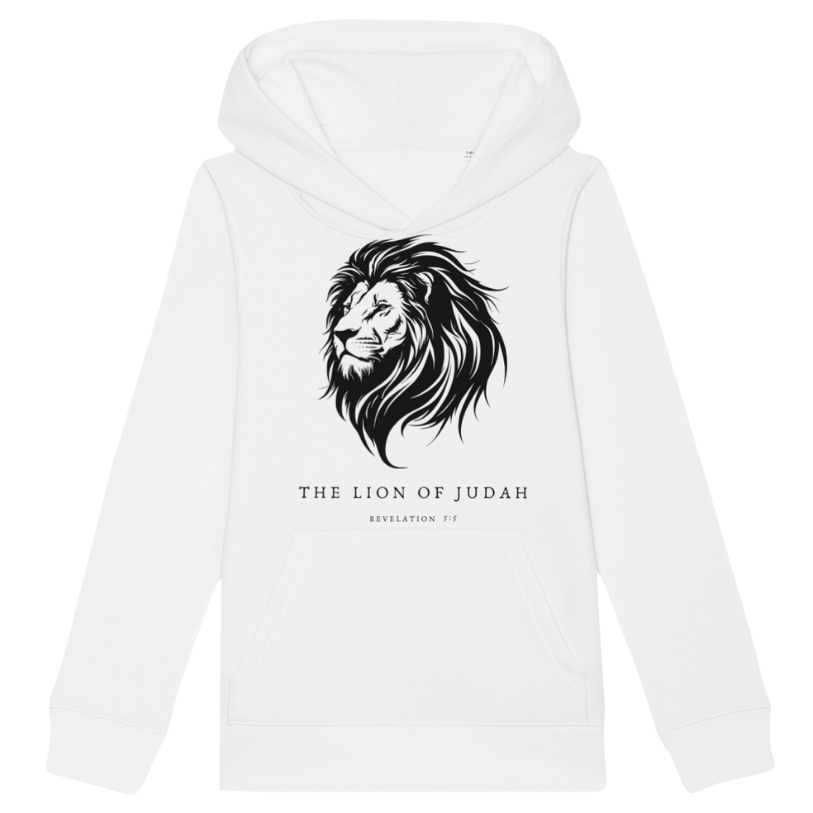 Christian Hoodies Sweatshirts and T-shirts - Faith on Cotton - The Lion of Judah (white) medium fit hoodie _ Kids _ Unisex _ 85% Cotton - White
