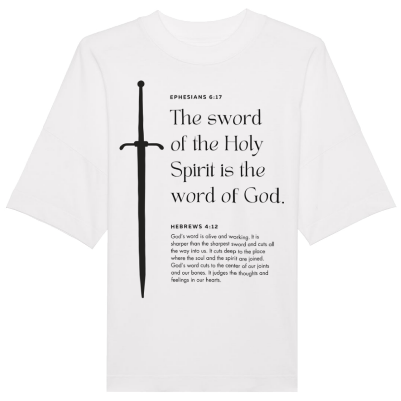 Faith on Cotton - The sword of the Holy Spirit (black) oversized fit t-shirt Unisex Organic 100% Cotton - White - Christian apparel