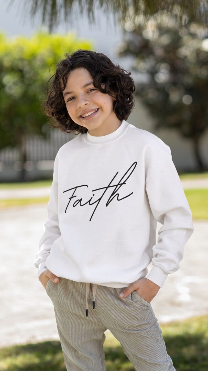 Christian Hoodies Sweatshirts and T-shirts - Faith on Cotton - Faith (black) medium fit crew neck sweatshirt - boys and girls - Unisex - Organic - 85% Cotton - White