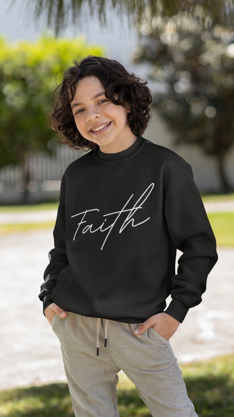 Christian Hoodies Sweatshirts and T-shirts - Faith on Cotton - Faith (white) medium fit crew neck sweatshirt - boys and girls - Unisex - Organic - 85% Cotton - Black
