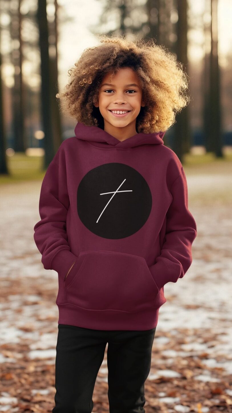 Christian Hoodies Sweatshirts and T-shirts - Faith on Cotton - The cross of Jesus Christ medium fit hoodie - boys and girls - Unisex - Organic - 85% Cotton - Burgundy 2