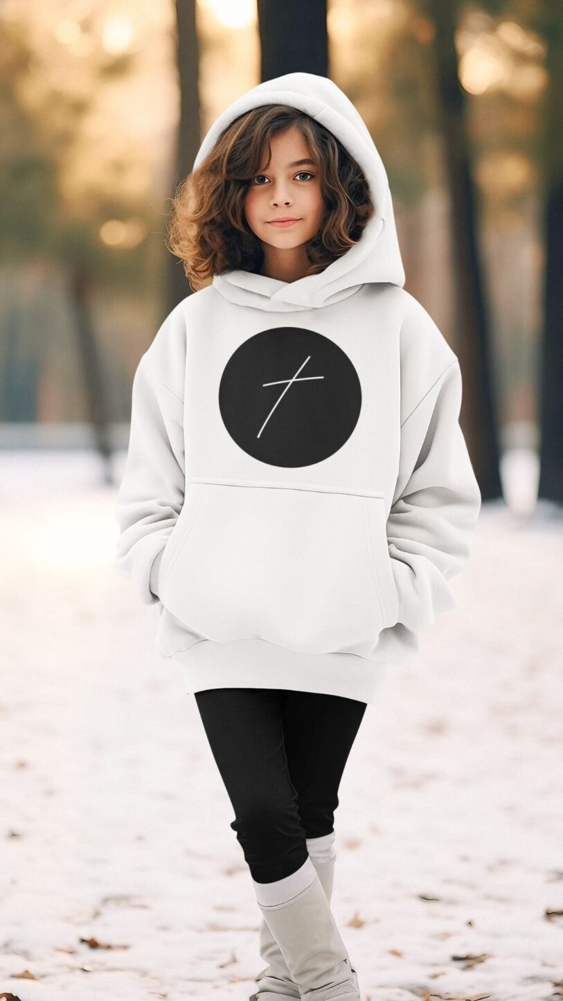 Christian Hoodies Sweatshirts and T-shirts - Faith on Cotton - The cross of Jesus Christ medium fit hoodie - boys and girls - Unisex - Organic - 85% Cotton - White 1