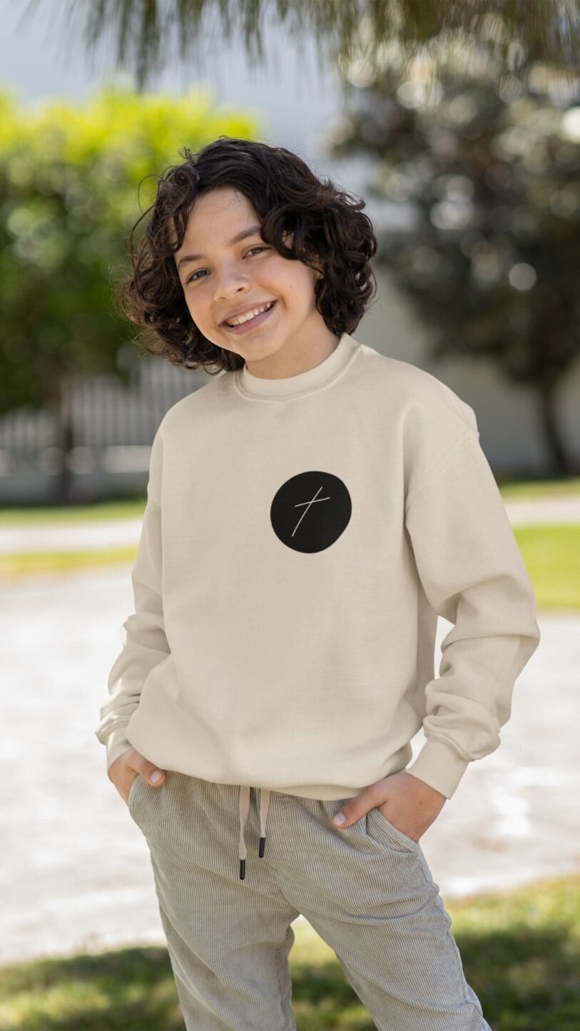 Christian Hoodies Sweatshirts and T-shirts - Faith on Cotton - The cross of Jesus Christ (small cross) medium fit crew neck sweatshirt - boys and girls - Unisex - Organic - 85% Cotton - Beige 1