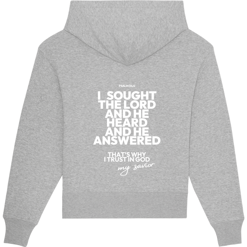 Faith on Cotton - I Trust in God oversized fit hoodie - Unisex - Organic - 100 Cotton - Heather Gray - Back Side - White Design