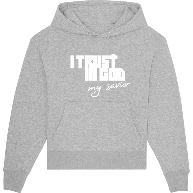 Faith on Cotton - I Trust in God oversized fit hoodie - Unisex - Organic - 100 Cotton - Heather Gray - Front Side - White Design