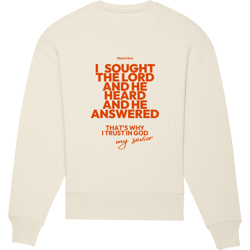 Faith on Cotton - I Trust in God oversized fit sweatshirt - Unisex - Organic - 100 Cotton - Beige - Back Side - Orange Design