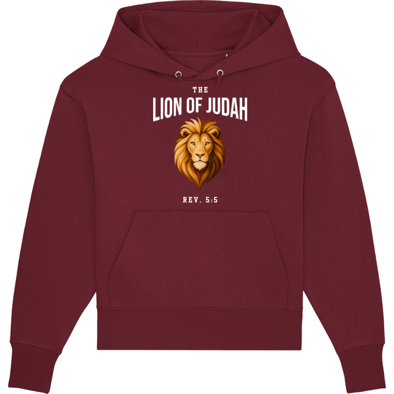 Faith on Cotton - The Lion of Judah v2 oversized fit hoodie - Unisex - Organic - 100 Cotton - Burgundy - Front Side - White Font Design