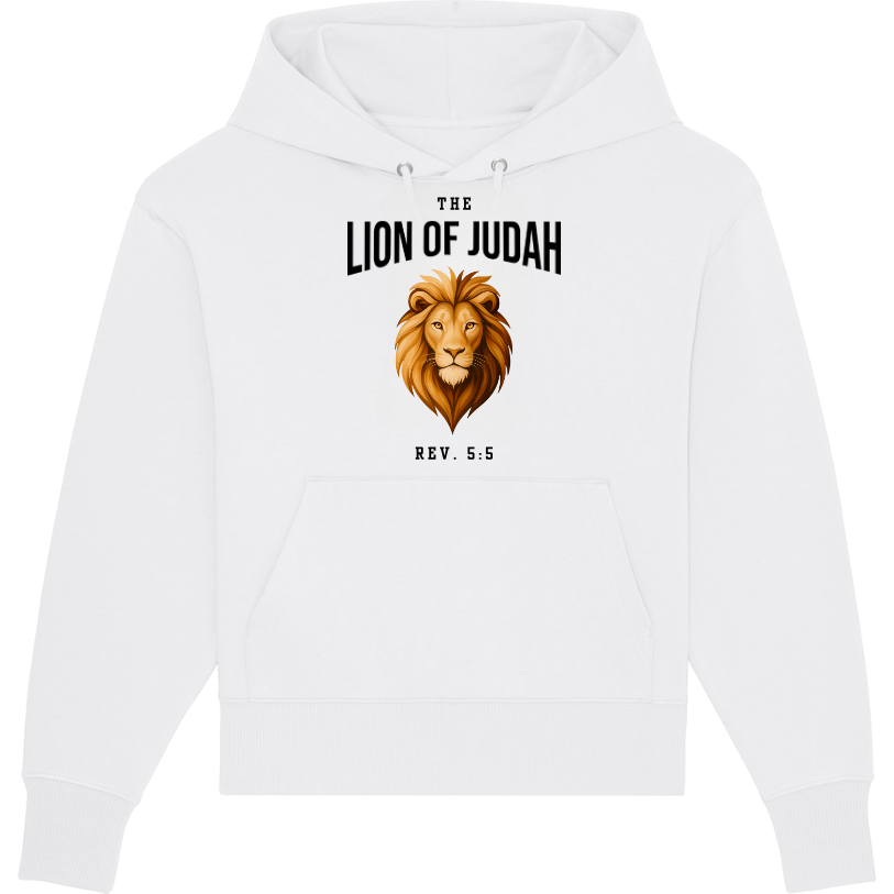 Faith on Cotton - The Lion of Judah v2 oversized fit hoodie - Unisex - Organic - 100 Cotton - White - Front Side - Black Font Design