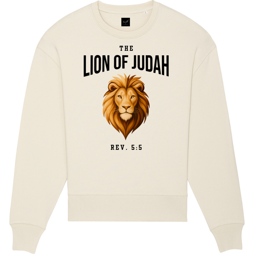 Faith on Cotton - The Lion of Judah v2 oversized fit sweatshirt - Unisex - Organic - 100 Cotton - Beige - Front Side - Black Font Design