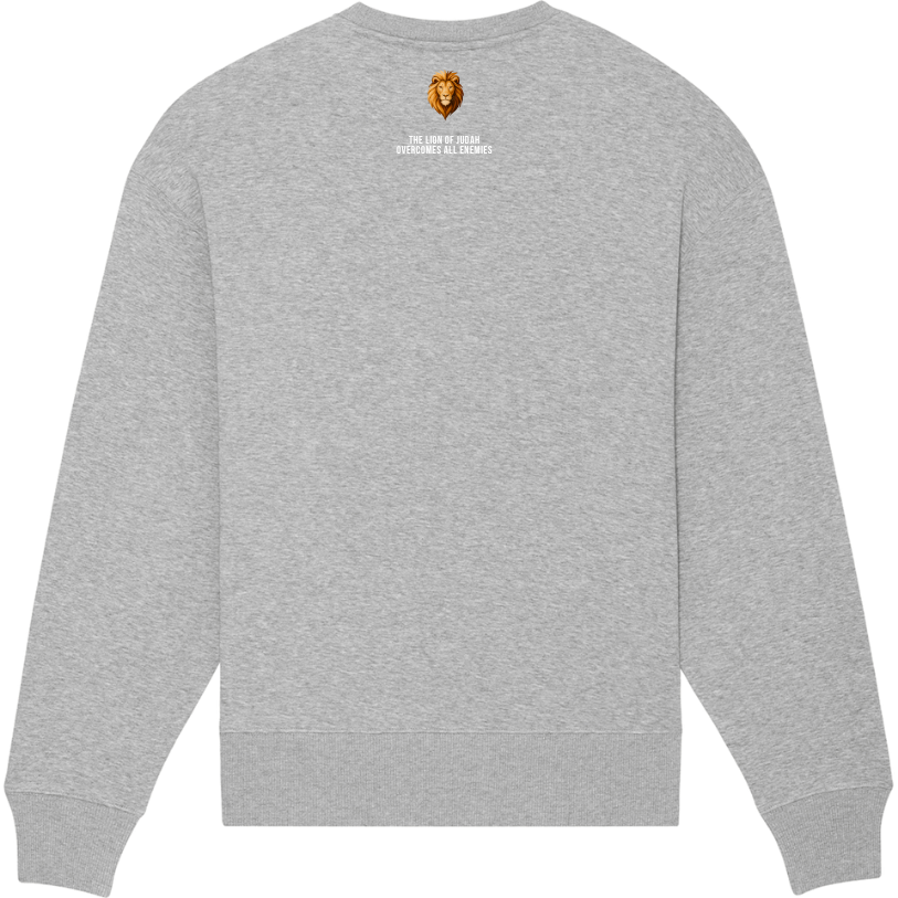 Faith on Cotton - The Lion of Judah v2 oversized fit sweatshirt - Unisex - Organic - 100 Cotton - Heather Gray - Back Side - White Font Design